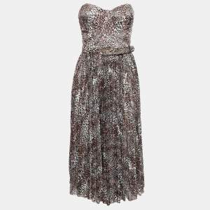 Elisabetta Franchi Brown Leopard Print Off-Shoulder Belted Midi Dress L