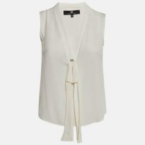Elisabetta Franchi White Crepe V-Neck Bow Detail Top M