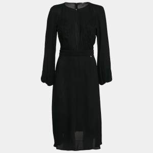 Pre Owned Elisabetta Franchi Black Lace Trim Crepe Plunging Neck Midi Dress M