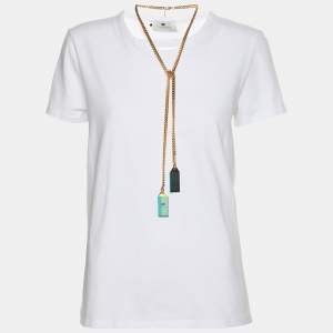 Elisabetta Franchi White Cotton Round Neck Chain T-Shirt S