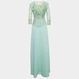 Elisabetta Franchi Mint Green Chiffon and Guipure Lace Bodice Maxi Dress M