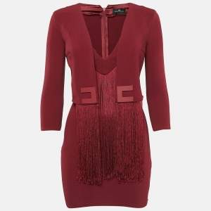 Elisabetta Franchi Burgundy Fringed Crepe Mini Dress S