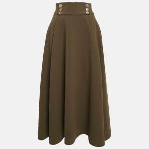 Elisabetta Franchi Olive Green Crepe Box Pleated Midi Skirt M