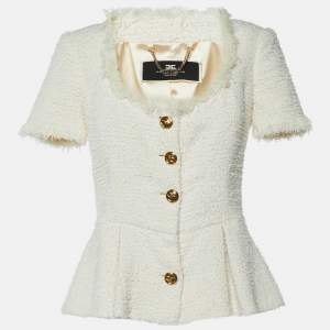 Elisabetta Franchi White Tweed Short Sleeve Peplum Jacket M