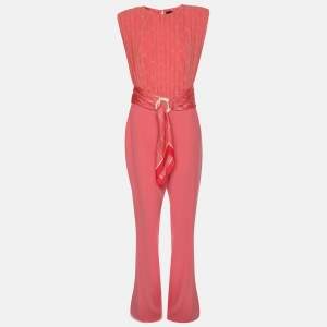 Elisabetta Franchi Coral Pink Polyester Belted Jumpsuit M