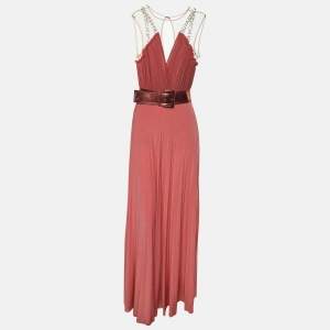Elisabetta Franchi Coral Pink Knitted Fabric Belted Maxi Dress M