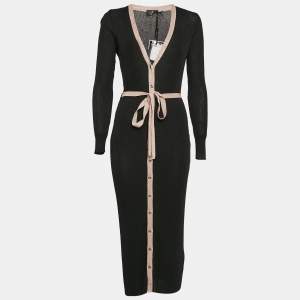 Elisabetta Franchi Black Lurex Rib Knit Belted Midi Dress M