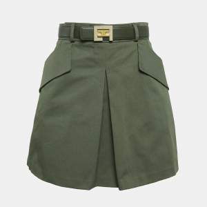 Elisabetta Franchi Green Gabardine Logo Plaque Belted Mini Skirt M