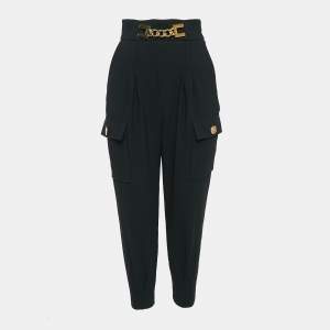 Elisabetta Franchi Black Crepe Pleated Chain Detail Trousers S