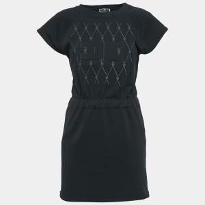 Elisabetta Franchi Black Logo Embossed Cotton Blend Knit Mini Dress S