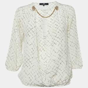 Elisabetta Franchi White Checks Print Silk Brooches Detail Top M
