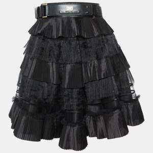 Elisabetta Franchi Black Pleated Crepe Belted Mini Skirt M