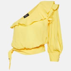Elisabetta Franchi Yellow Crepe One-Shoulder Ruffled Blouse M