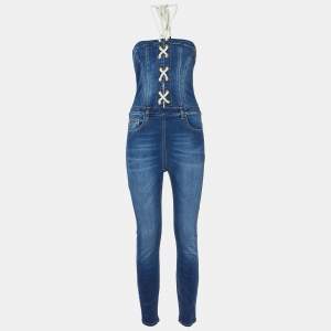 Elisabetta Franchi Blue Denim Lace-Up Detail Off-Shoulder Jumpsuit M