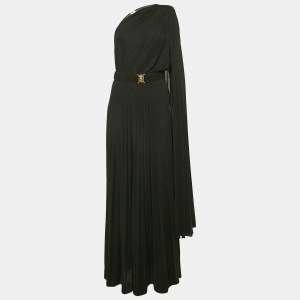 Pre Owned Elisabetta Franchi Black Lurex Knit One-Shoulder Belted Maxi Dress L