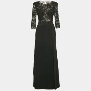 Elisabetta Franchi Black Lace and Crepe Full Sleeve Maxi Dress S
