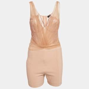 Elisabetta Franchi Beige Lace and Tulle Trim Jersey Bodysuit L