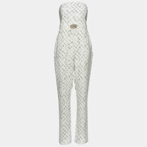 Elisabetta Franchi White Printed Crepe Strapless Jumpsuit XL
