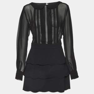 Elisabetta Franchi Black Crepe & Chiffon Tiered Long Sleeve Dress M