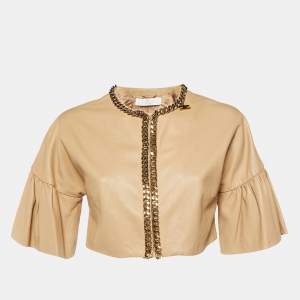 Elisabetta Franchi Beige Leather Chain Detail Bolero Jacket L