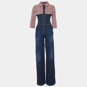 Elisabetta Franchi Blue Denim Tweed Trim Jumpsuit L