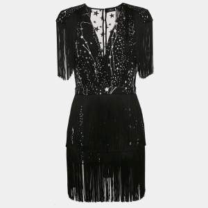 Elisabetta Franchi Black Star Print Crepe Fringed Mini Dress M