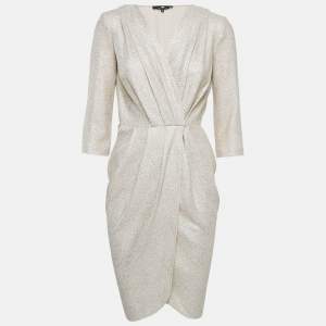 Elisabetta Franchi Metallic/Cream Foil Print Textured Crepe Wrap Dress S