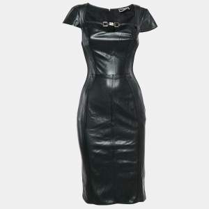 Elisabetta Franchi Black Faux Leather Cap Sleeve Mesh Trimmed Short Dress S