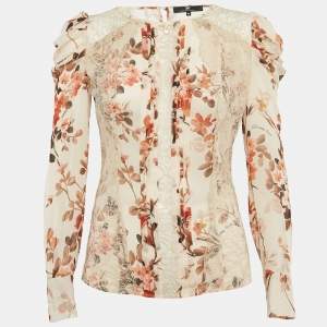 Elisabetta Franchi Beige Floral Print Lace Trim Crepe Blouse S