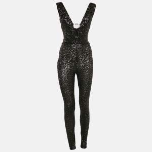 Elisabetta Franchi Black Sequin V-Neck Jumpsuit S