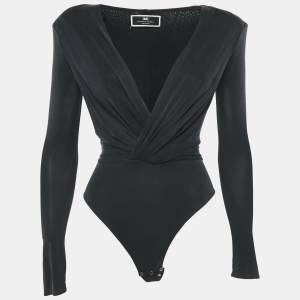 Elisabetta Franchi Black Faded Jersey Plunging Neck Bodysuit S