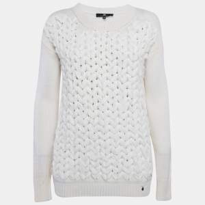 Elisabetta Franchi Off White Braid Detail Wool Blend Sweater S