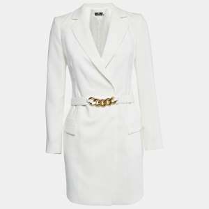 Elisabetta Franchi White Crepe Double Breasted Belt Detail Blazer S