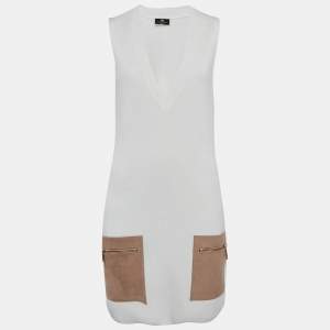 Elisabetta Franchi White Rib Knit V-Neck Sleeveless Mini Dress S