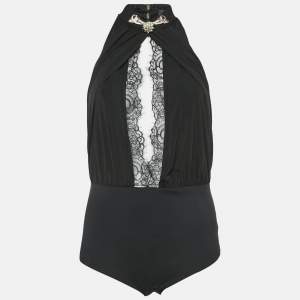 Elisabetta Franchi Black Embellished Jersey and Lace Halter Neck Bodysuit M