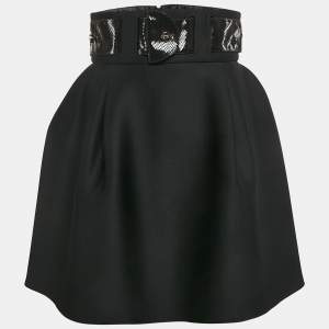 Elisabetta Franchi Black Faux Leather Belted Neoprene Flared Mini Skirt M