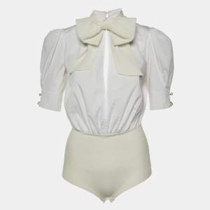 Elisabetta Franchi White Cotton Bow Detail Bodysuit M