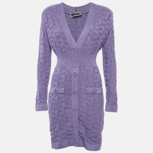 Elisabetta Franchi Purple Knit Patterned V-Neck Mini Dress M
