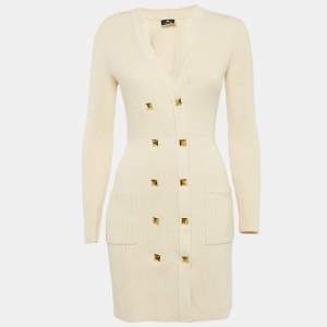 Elisabetta Franchi Cream Rib Knit Double Breasted Mini Dress S