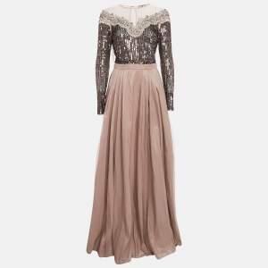 Elisabetta Franchi Mauve Sequin Embellished Tulle Flared Gown M