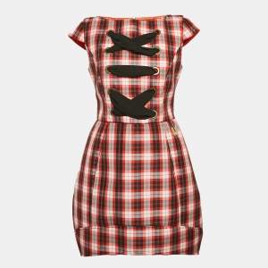 Elisabetta Franchi Red/Multicolor Plaid Print Synthetic Lace-Up Detail Mini Dress M
