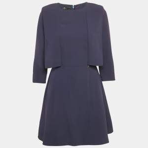Elisabetta Franchi Navy Blue Crepe Round Neck Mini Dress M