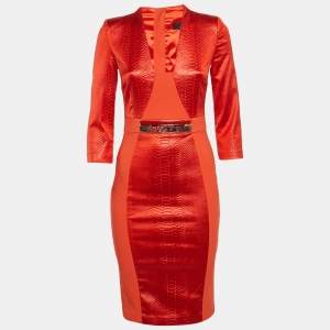 Elisabetta Franchi Orange  Python Textured Satin and Crepe Sheath Dress M