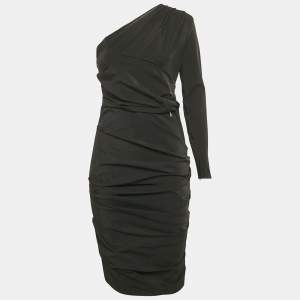 Elisabetta Franchi Black Nylon Draped One-Shoulder Midi Dress M