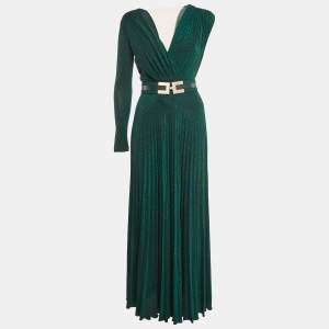 Elisabetta Franchi Green Lurex Knit Pleated Maxi Dress S