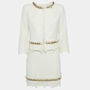 Elisabetta Franchi White Chain Detail Tweed Jacket and Skirt Set M