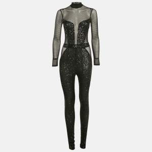 Elisabetta Franchi Black Mesh and Sequin Sheer Jumpsuit S
