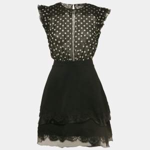 Elisabetta Franchi Black Polka Dot Crepe Detachable Skirt Lace Trimmed Mini Dress S