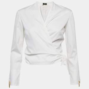 Pre Owned Elisabetta Franchi White Synthetic Wrap Shirt Blouse M