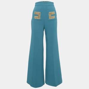 Pre Owned Elisabetta Franchi Teal Blue Crepe Chain Detail Flared Trousers S